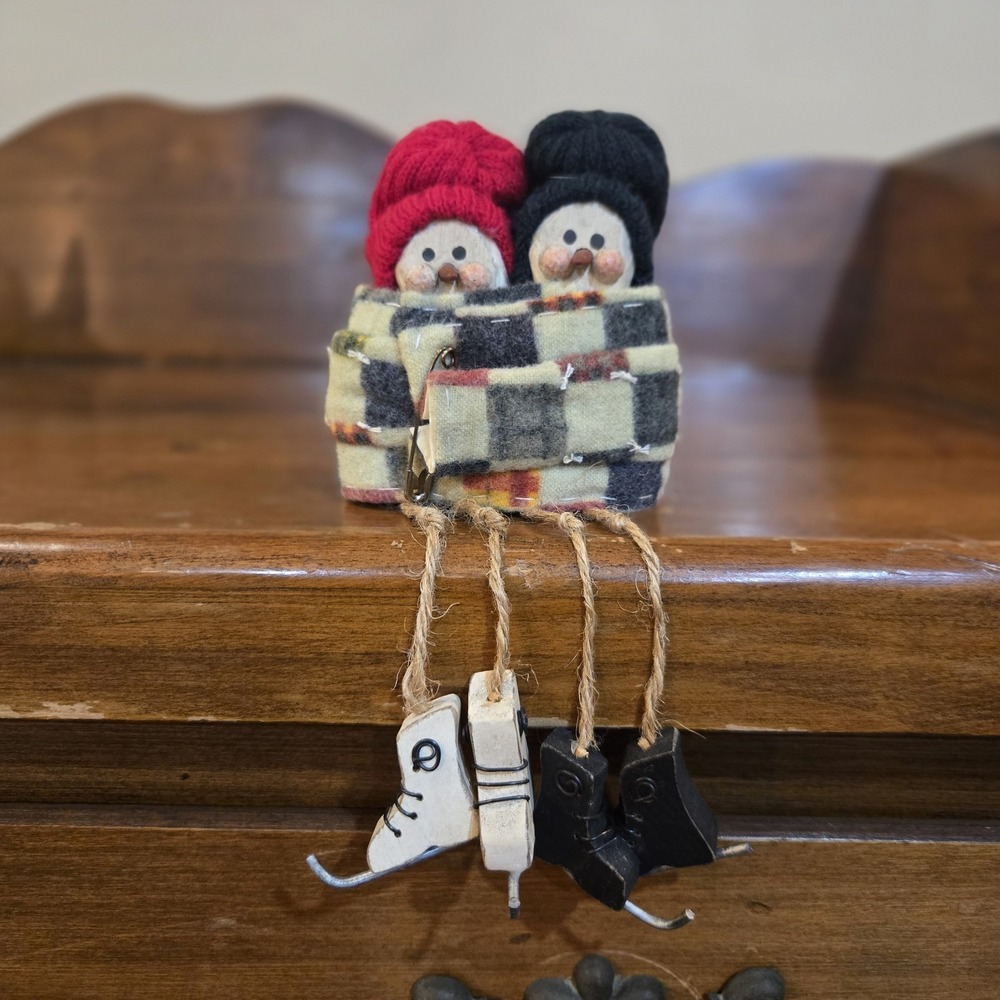 Snowman Bundle Up Buddies Ice Skates Shelf Sitters Folk Art Vintage